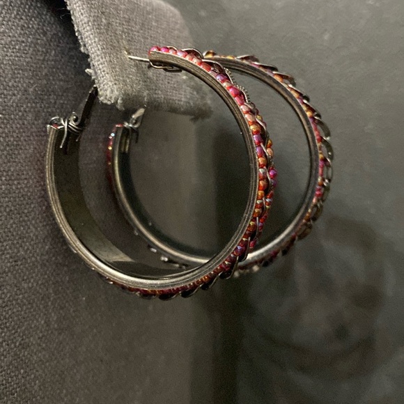 Black Metal Hoop pierced Earrings with attached Red beads & chain - Picture 2 of 6